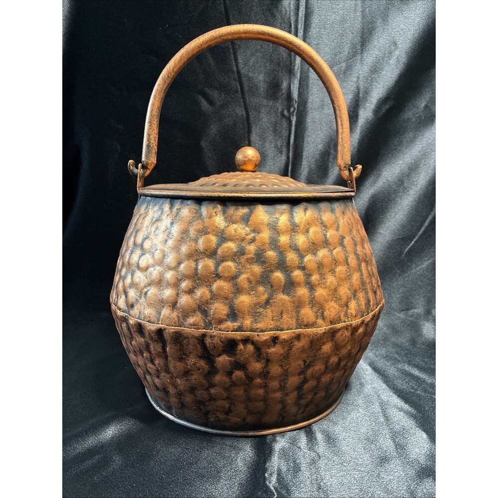 Hammered Copper JackoLantern Metal Bucket & Lid Halloween Pumpkin Candy Cauldron - Picture 11 of 14